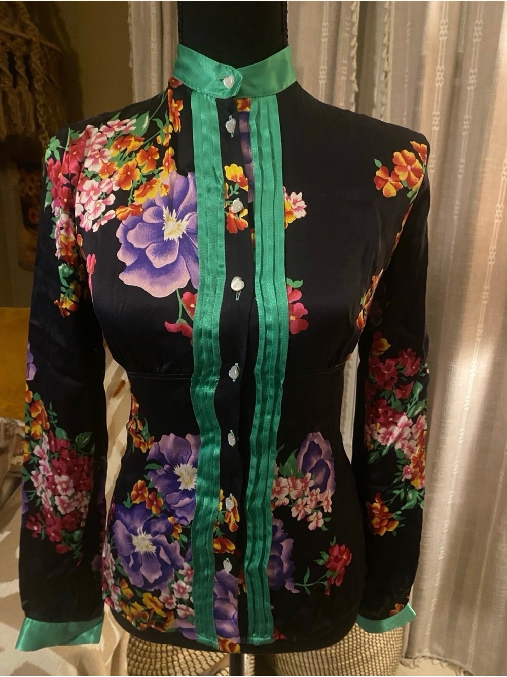 D&G Black Satin Floral Button-Front Blouse with Green Trim